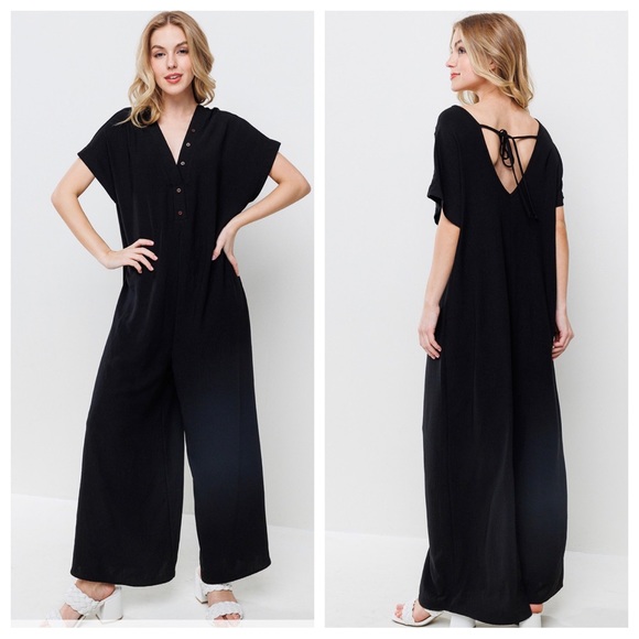 12 Boho Fabulous Short Sleeve Wide Leg Button Front Jumpsuit - Picture 2 of 4